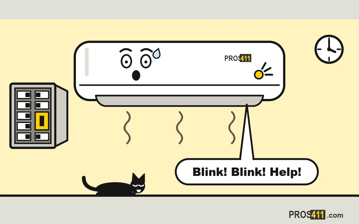 Mini split not cooling or blinking: what to do Cartoon ductless mini split scared and blinking its light while it blows warm air into a hot room