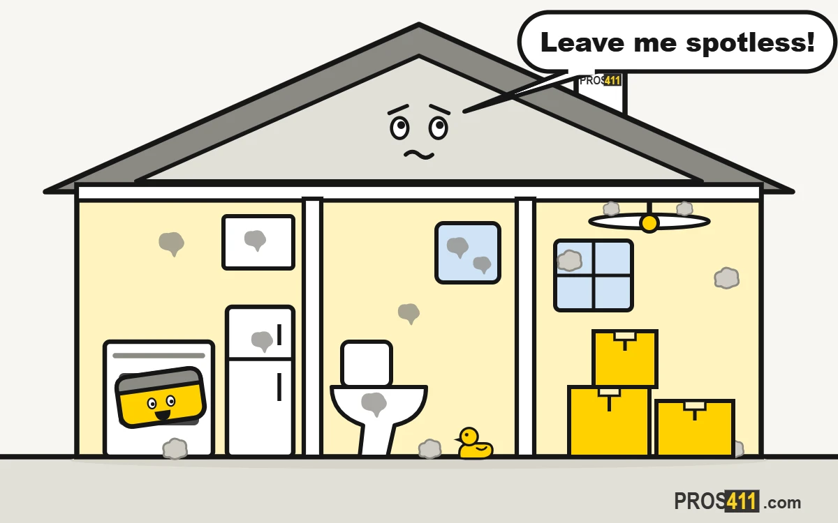 Move-out cleaning checklist: room by room Cartoon house in cutaway on moving day, with boxes, dusty rooms and a sponge ready for the move-out clean