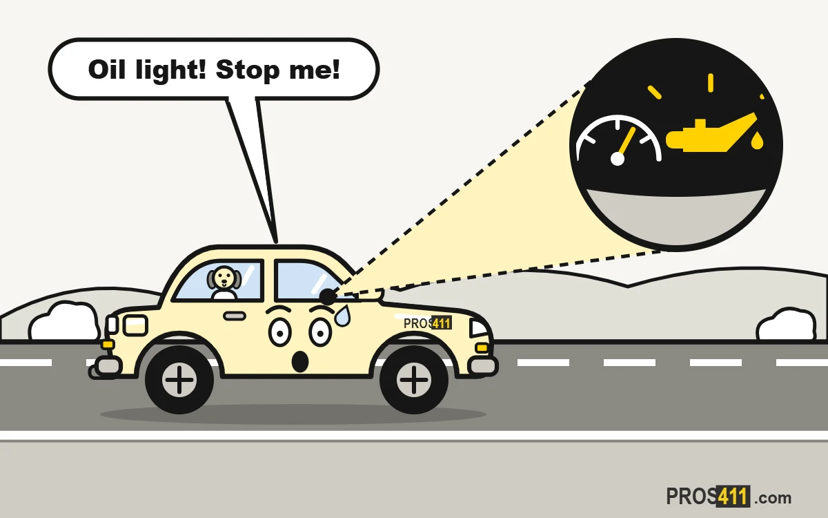 Oil pressure light on: stop the engine Cartoon car on the road with the oil pressure warning light on