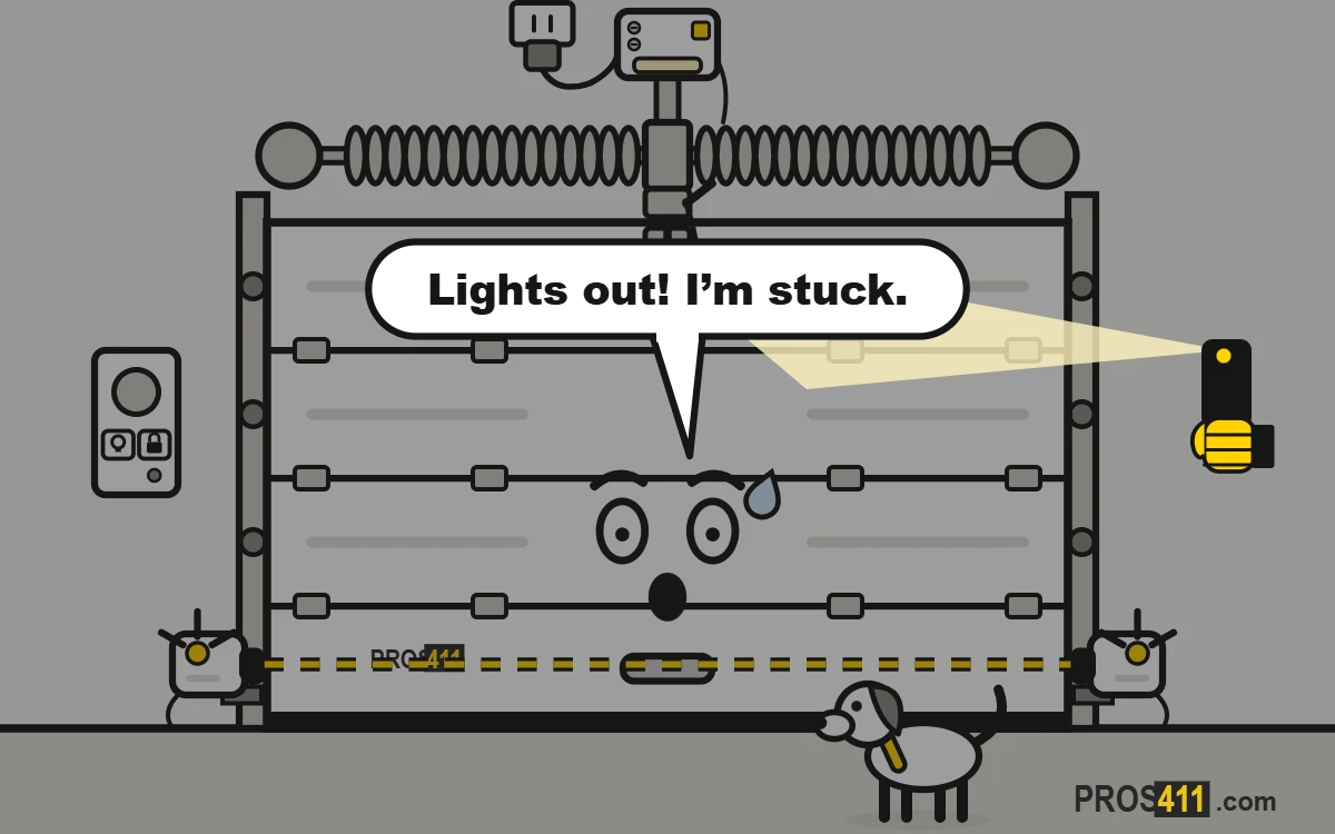 Cartoon garage door in the dark during a power outage, with a phone flashlight on the emergency release cord