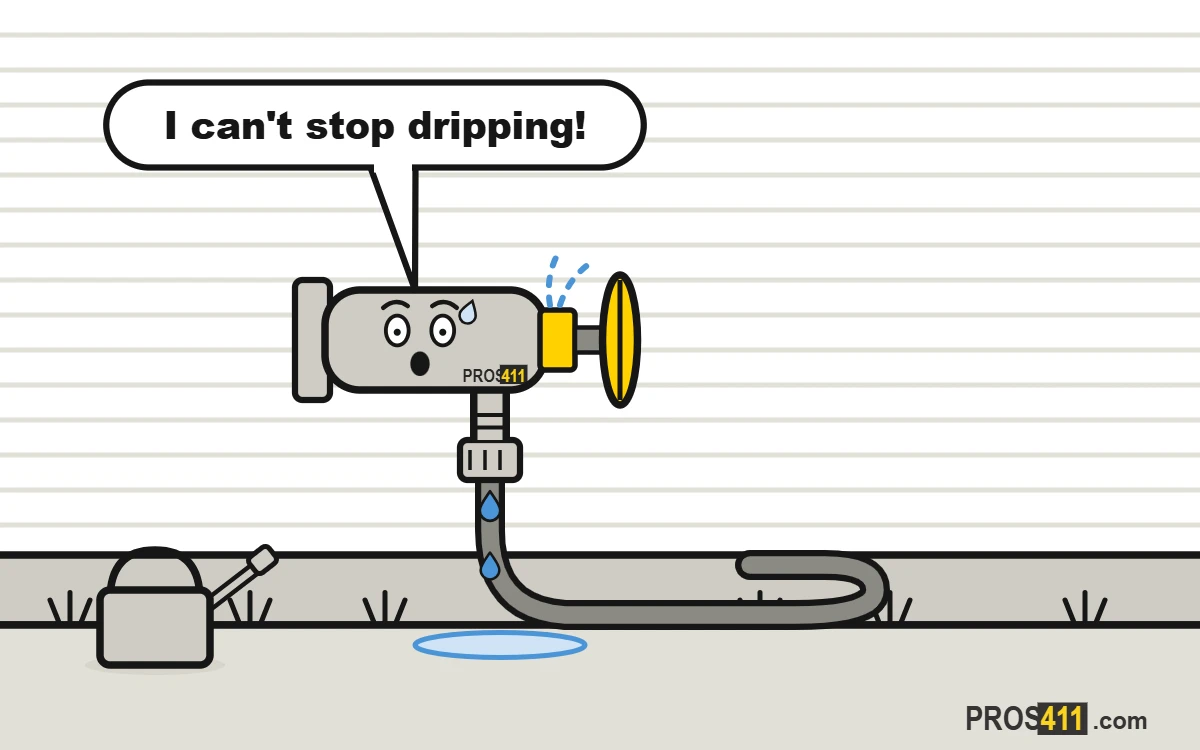 Outdoor faucet (hose bib) leaking: how to stop it Cartoon outdoor faucet dripping on the house wall, with a garden hose and a puddle