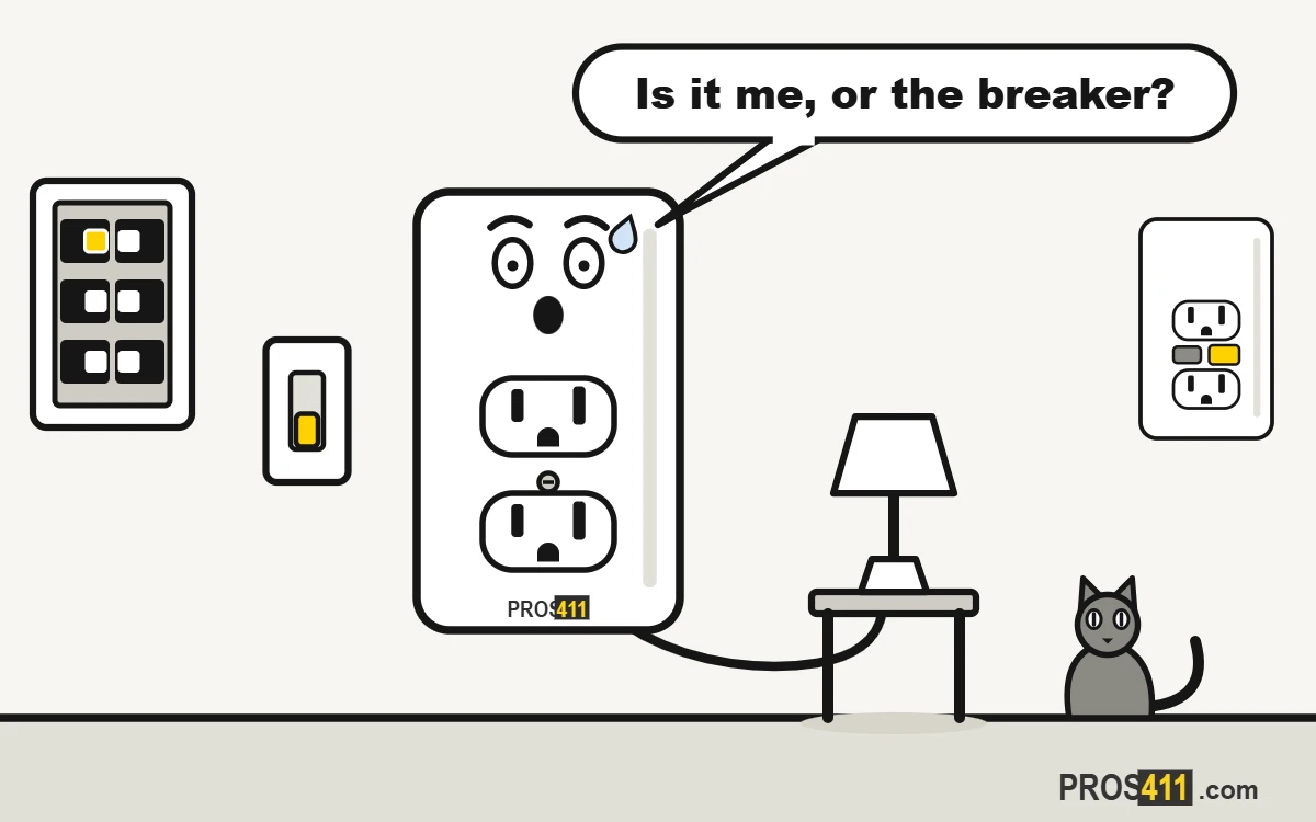 Cartoon wall outlet with a table lamp plugged in that will not turn on