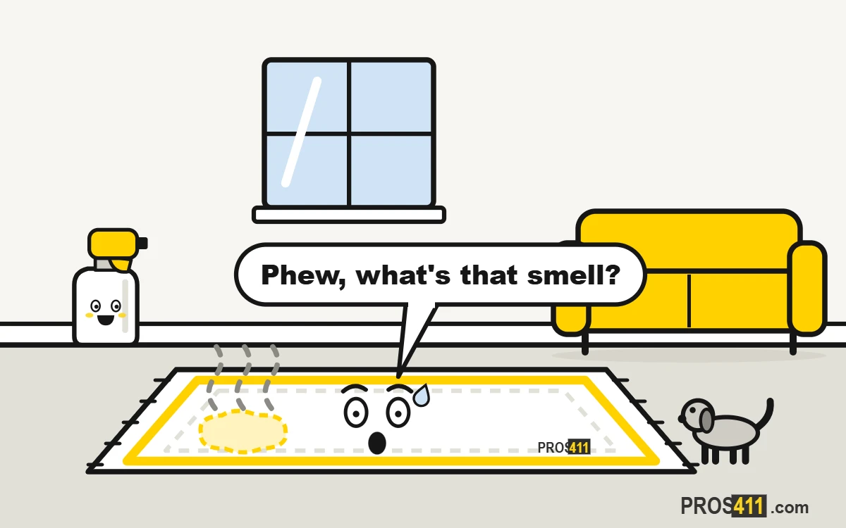 Cartoon rug holding its nose at a pet urine spot while the dog looks on, an enzyme cleaner spray on the way