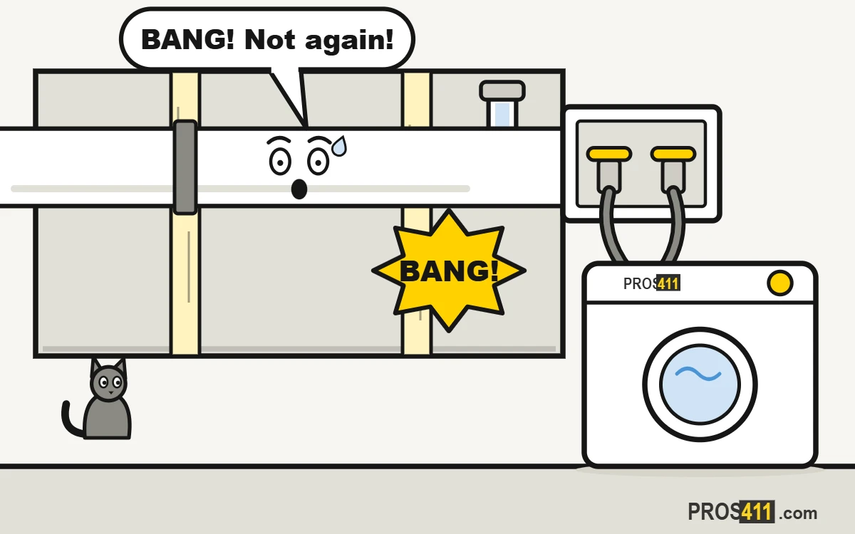 Pipes banging when you turn off the water: how to stop water hammer Cartoon pipe inside an open wall banging against a stud, next to a washing machine, with a startled cat