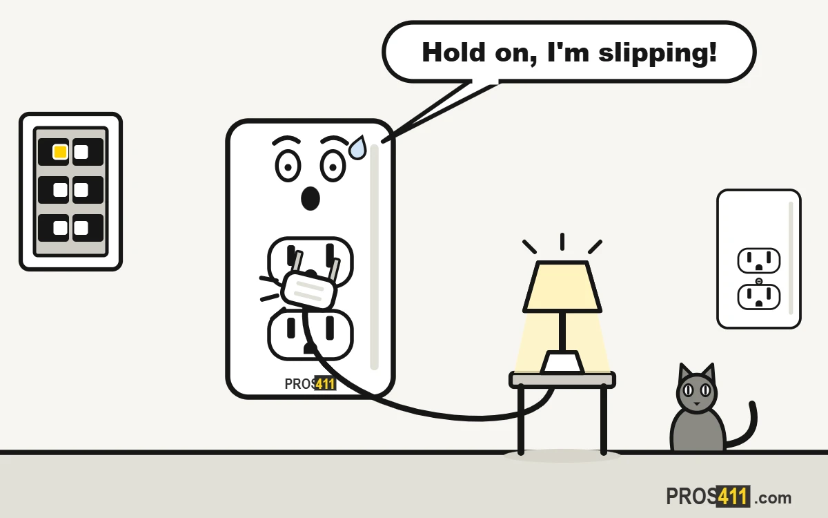 Plugs fall out of the outlet: why it happens and what to do Cartoon wall outlet with a lamp plug drooping and about to fall out