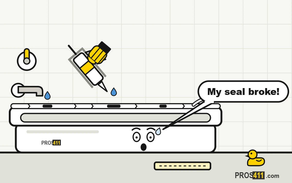 Cartoon bathtub scared of its cracked caulk, with a caulk gun on the way