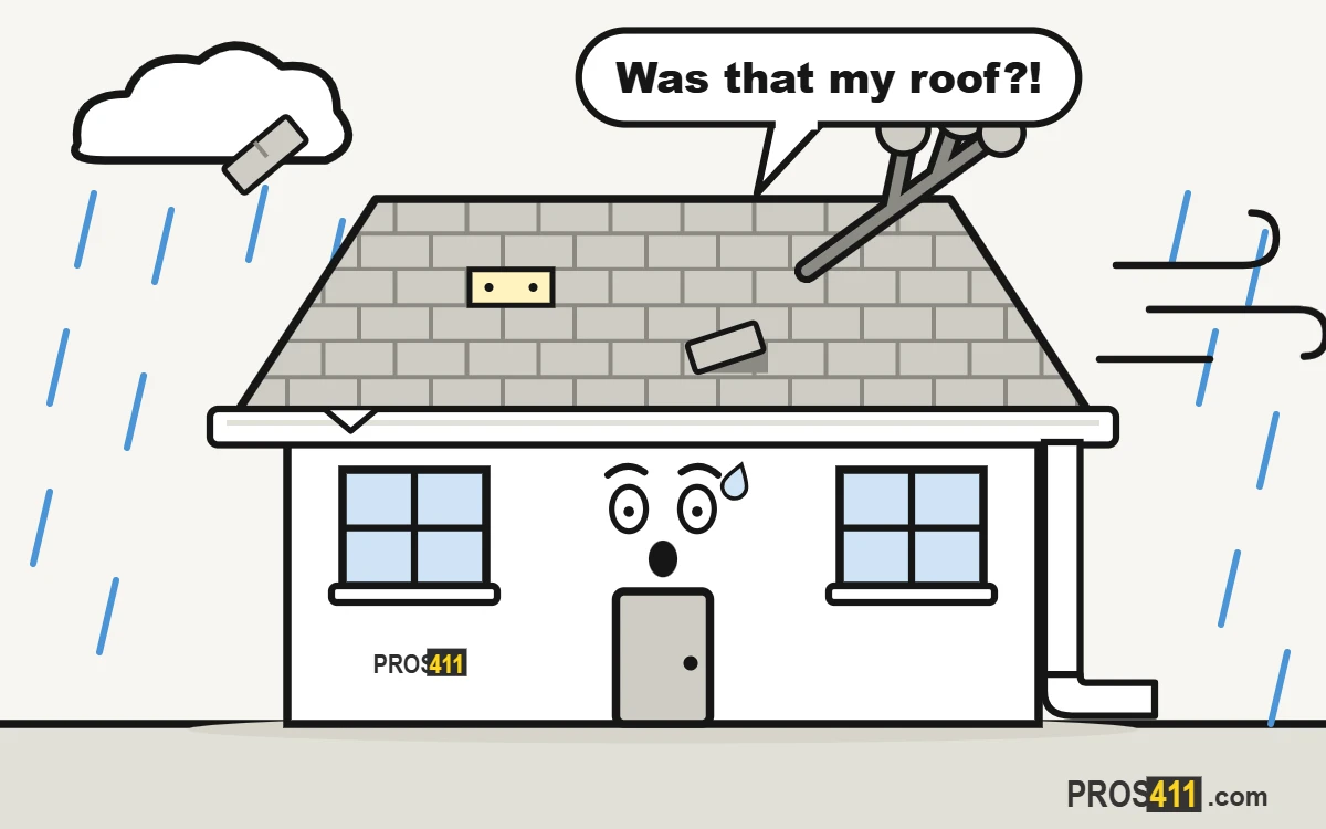 Cartoon house in a storm, a shingle flying off and a branch landing on the roof