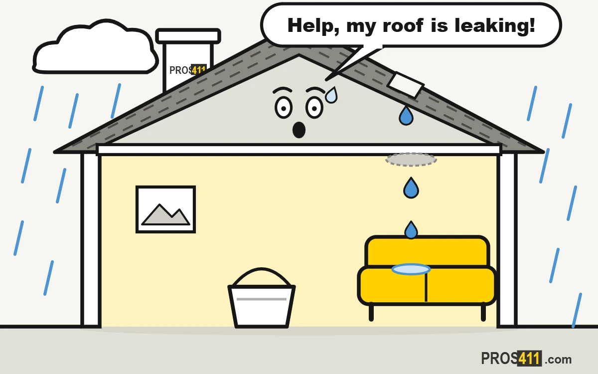 Cartoon house with a roof leak dripping onto the sofa, rain cloud above