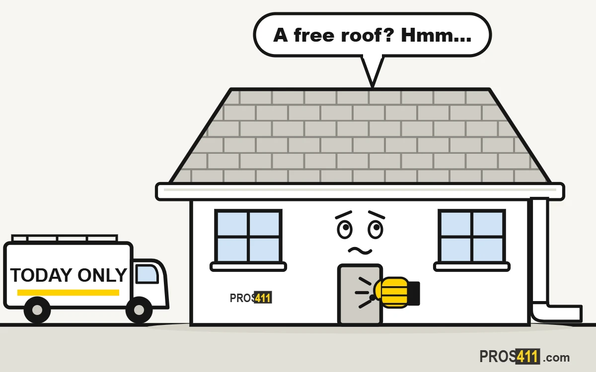 Storm chasers: how to spot a roofing scam Cartoon house looking worried as a TODAY ONLY roofing van parks out front