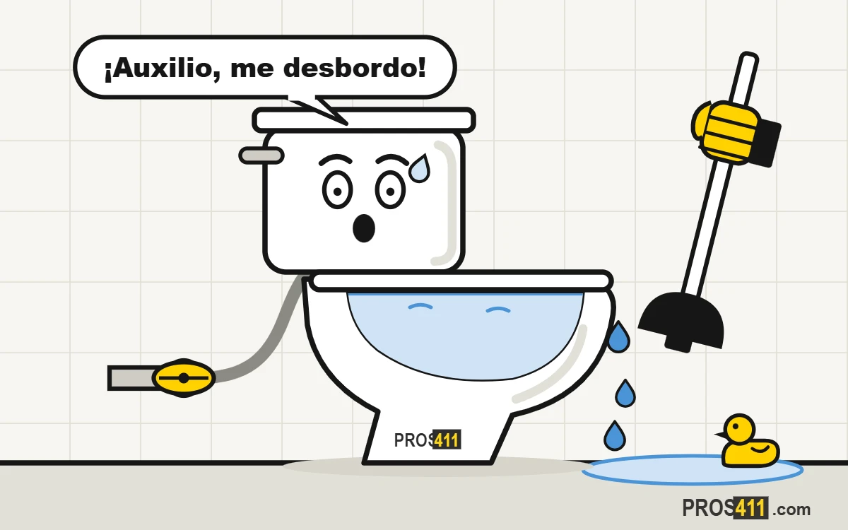 Inodoro caricatura desbordándose y un destapador que llega