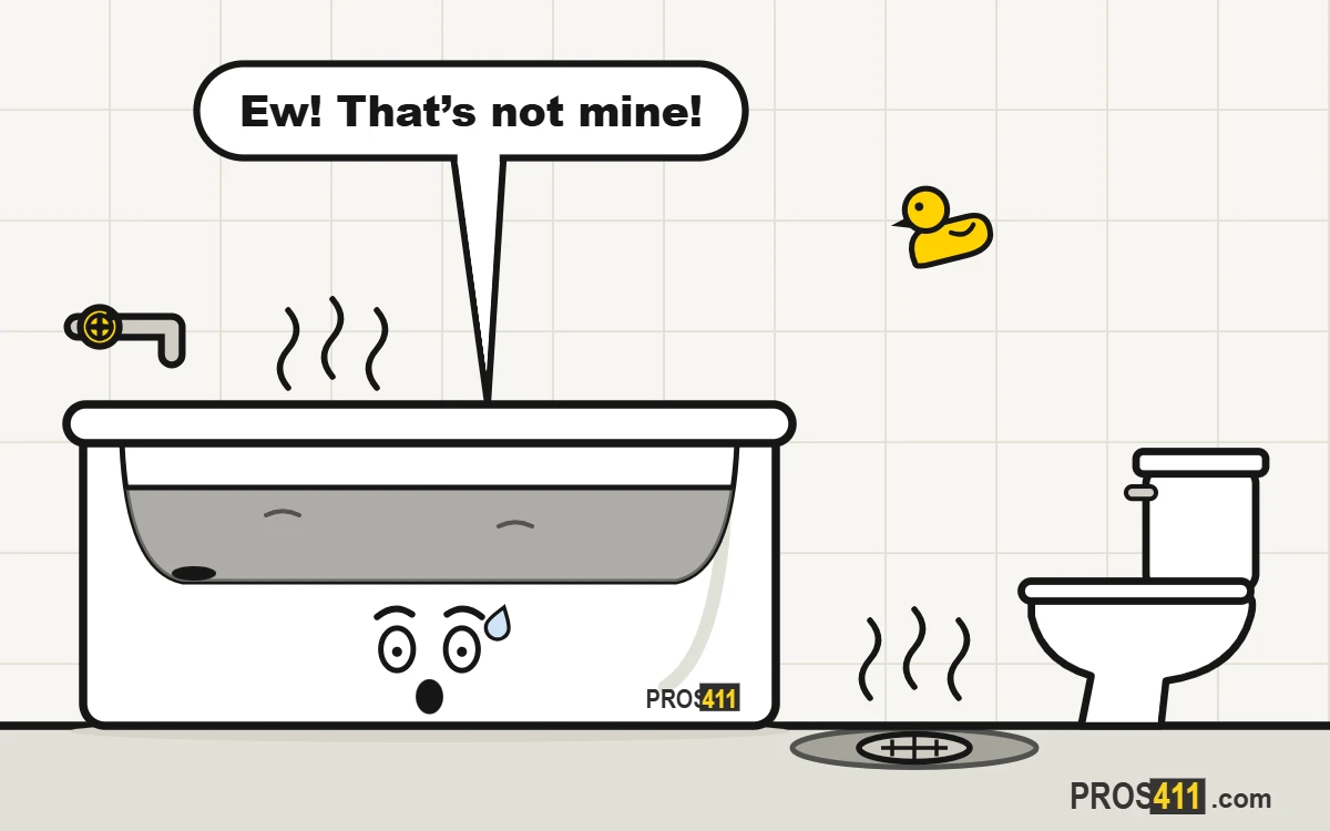 Sewage backing up into a tub or floor drain: what to do Cartoon bathtub filling with dirty sewage water from the drain, a floor drain overflowing and a rubber duck escaping