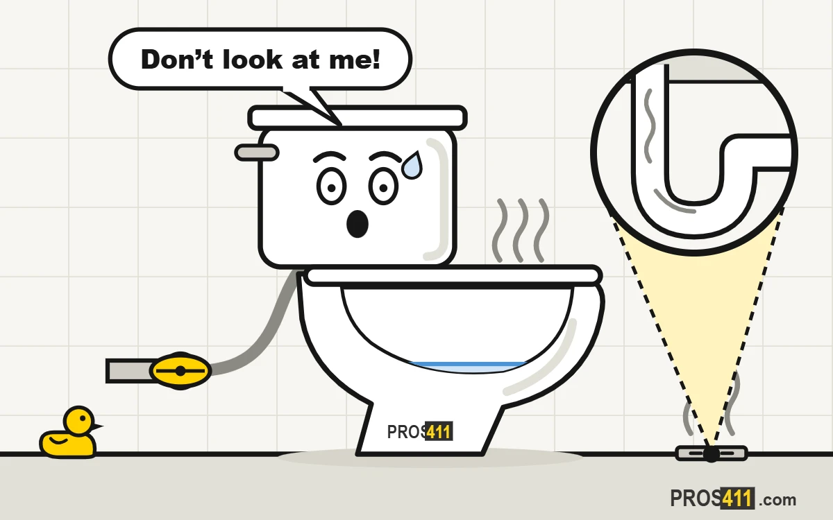 Sewer smell in the bathroom: where it comes from Cartoon bathroom with sewer smell rising from a dry floor drain and the toilet
