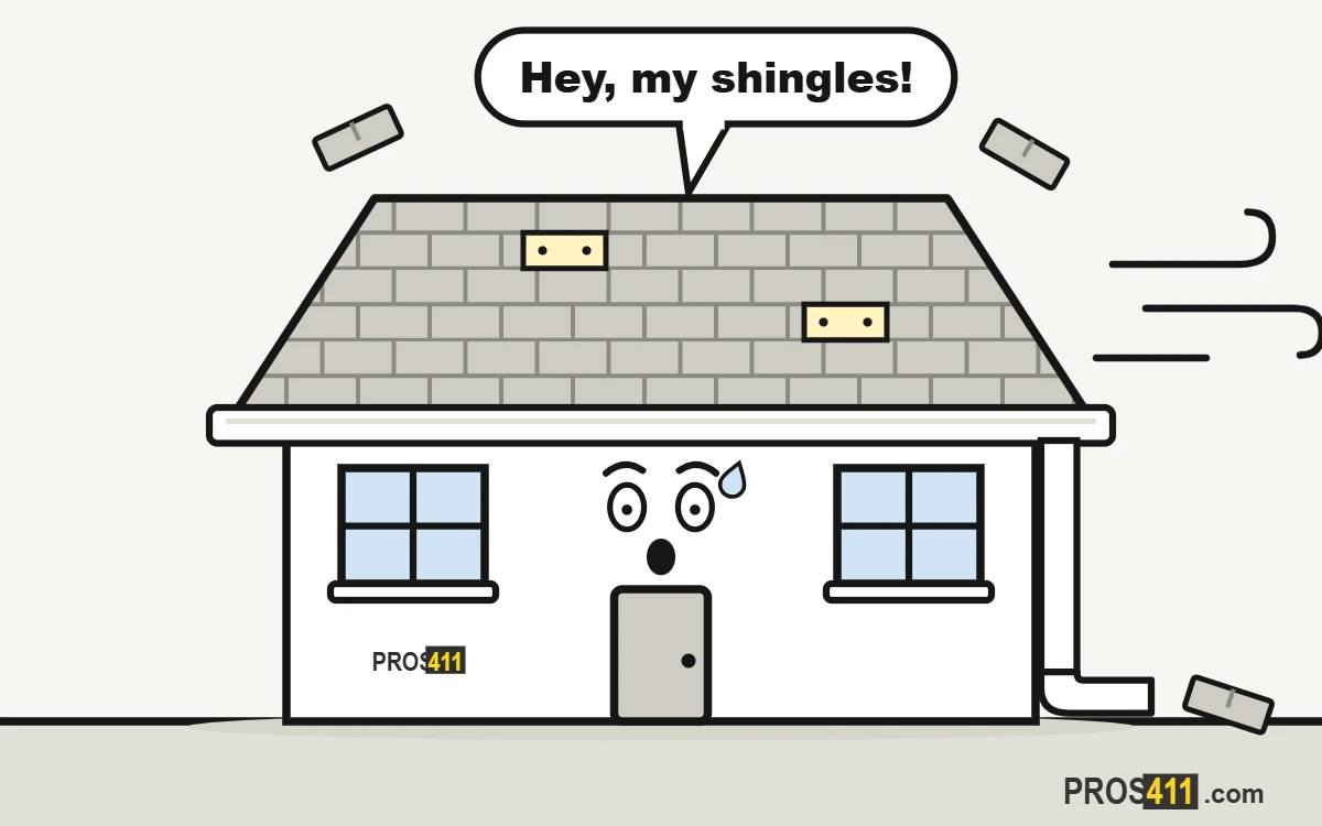 Shingles blew off: what to do Cartoon house in the wind with shingles blowing off its roof