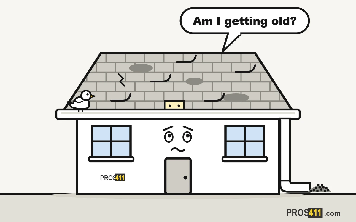 Does my roof need replacing? Signs to check Cartoon house with an old, worn roof: curling and bald shingles