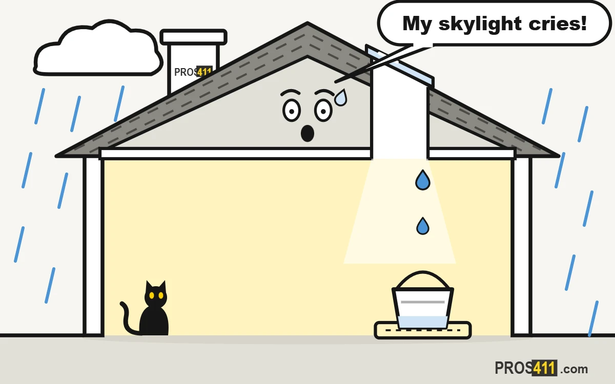 Skylight leaking: leak or condensation? Cartoon house cutaway in the rain with a skylight dripping into a bucket