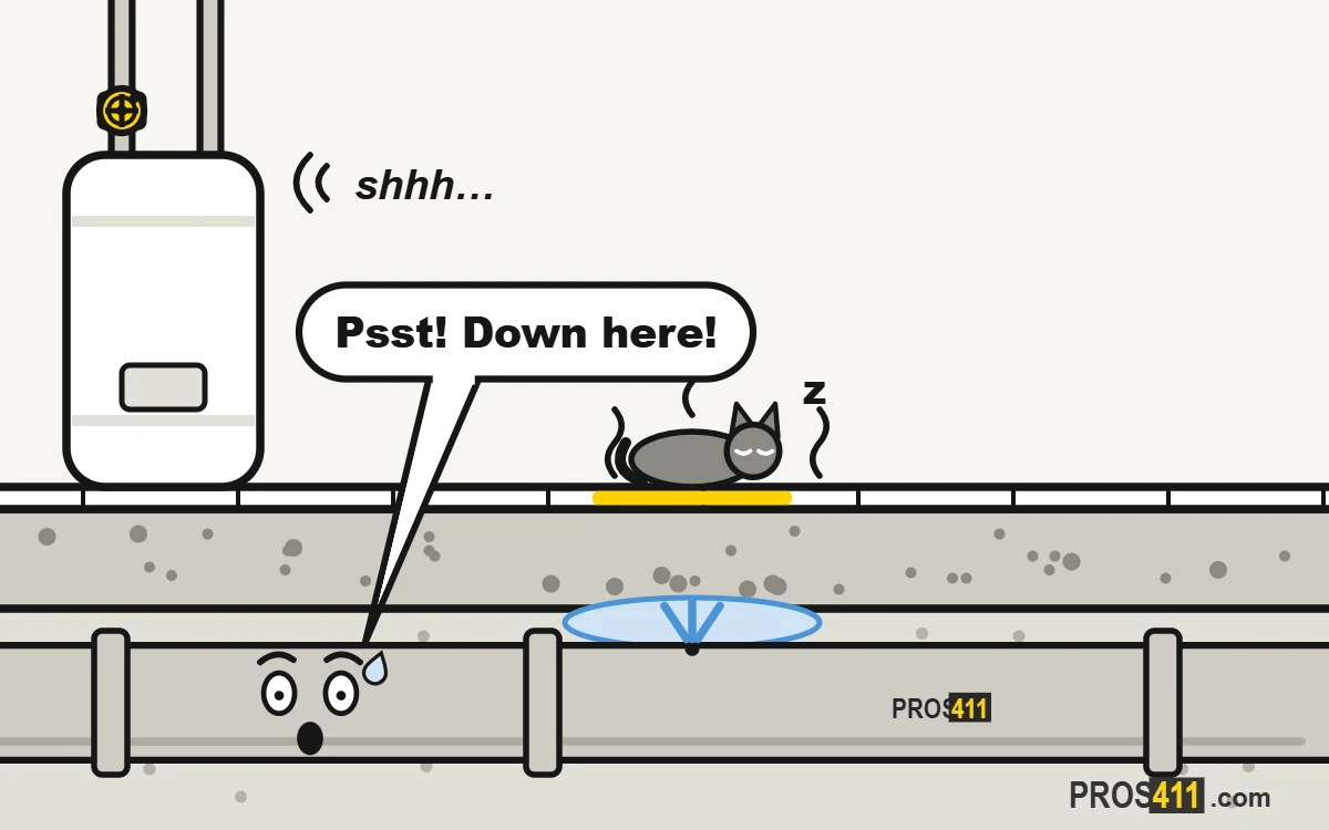 Slab leak signs: warm floor spots and the sound of running water Cartoon cat sleeping on a warm spot of the floor while a hot water pipe leaks under the concrete slab