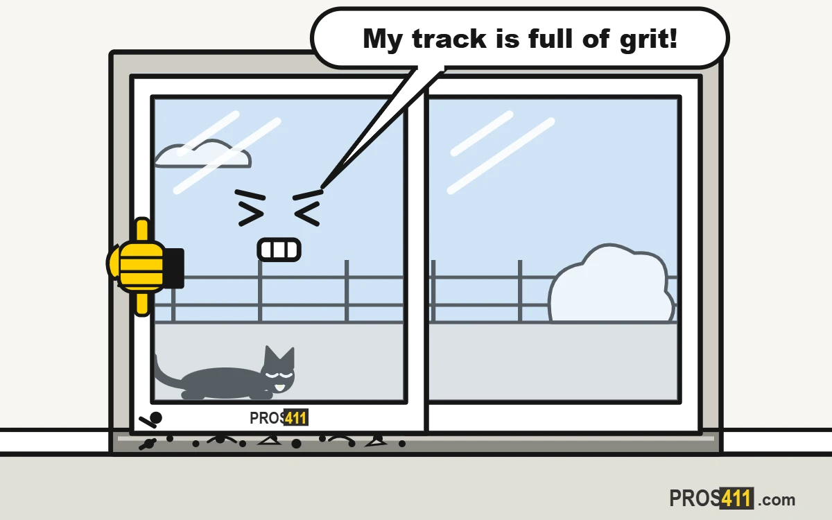 Sliding glass door hard to open: clean the track and adjust the rollers Cartoon sliding glass door stuck on a gritty track while a cat waits outside