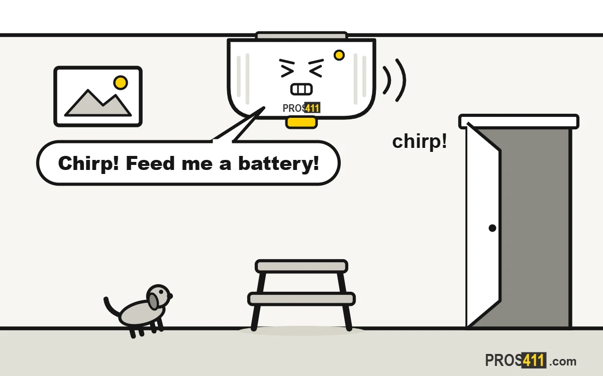 Cartoon smoke detector on the ceiling chirping for a new battery while a dog tilts its head