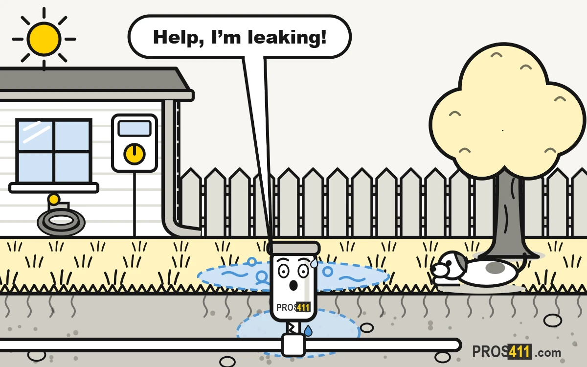 Cartoon sprinkler head standing in a puddle, with water leaking from a cracked pipe underground