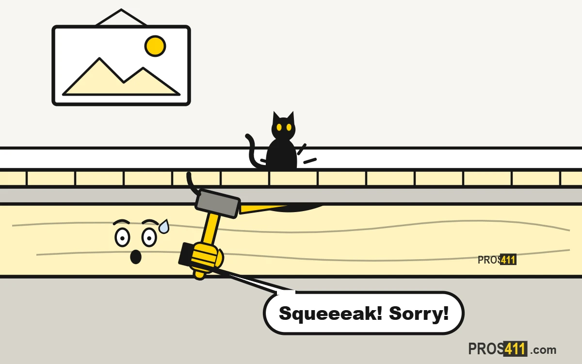 Squeaky floors: how to quiet them Cartoon floor cutaway: a cat steps on a squeaky spot over a gap above the joist
