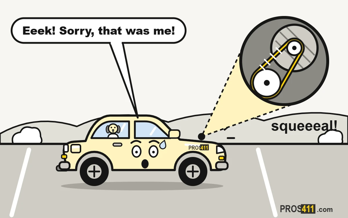 Squealing noise when starting or turning: what it is Cartoon car in a parking lot squealing from the engine belt