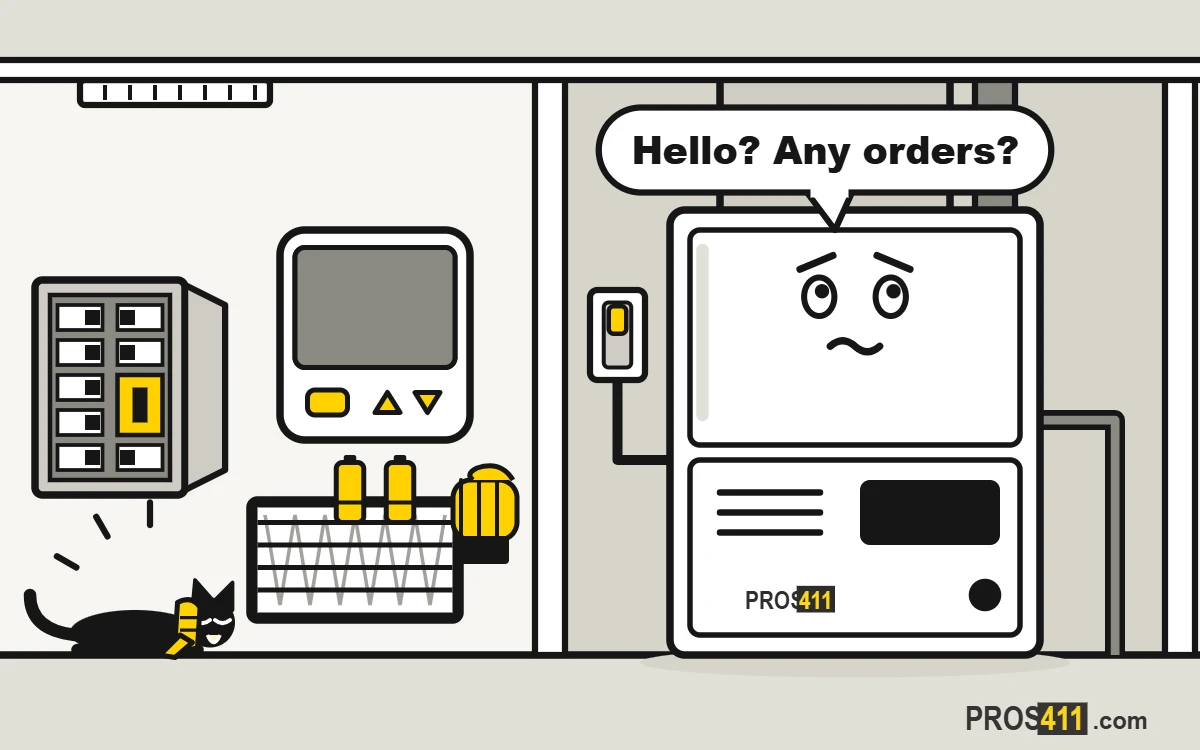 Cartoon thermostat with a blank screen while the furnace in the closet waits for orders