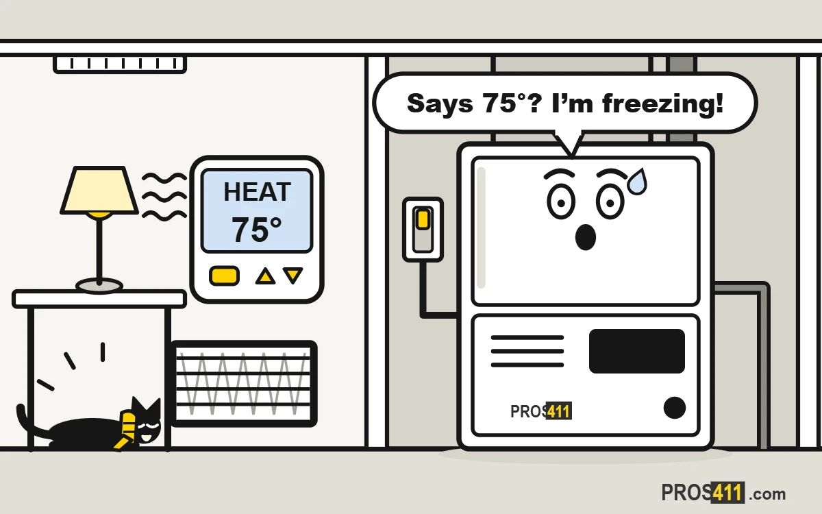 Thermostat reading the wrong temperature: how to fix it Cartoon thermostat reading 75 degrees because a lamp heats it, while the furnace and the cat shiver