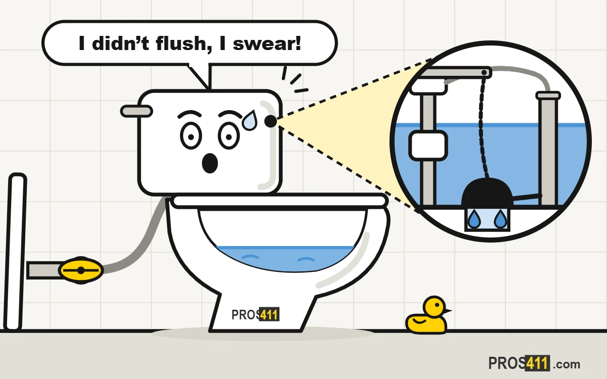 Toilet refills by itself (phantom flush): how to stop it Cartoon toilet refilling by itself, with dye from the tank showing up in the bowl