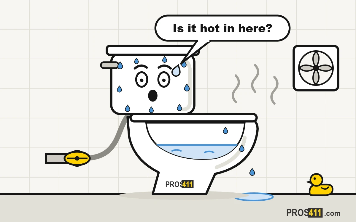 Toilet tank sweating: condensation or a leak? Cartoon toilet tank covered in drops of condensation