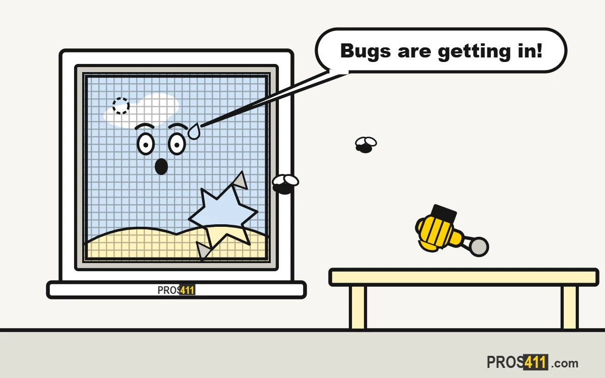 Torn window screen: patch it or replace the mesh Cartoon window screen with a big tear and a bug flying in, with a spline roller on the table