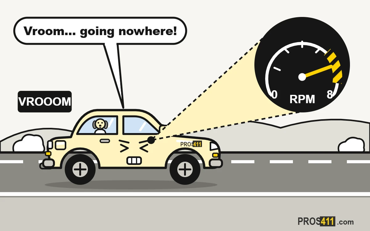 Transmission slipping: signs and what to do Cartoon car straining on the road, engine revving high but barely moving