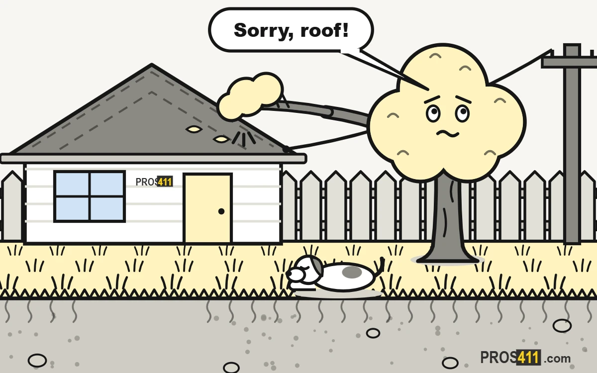 Tree branch over the house: when to trim it and who should do it Cartoon tree with a long branch scraping the roof of a house, near a power line