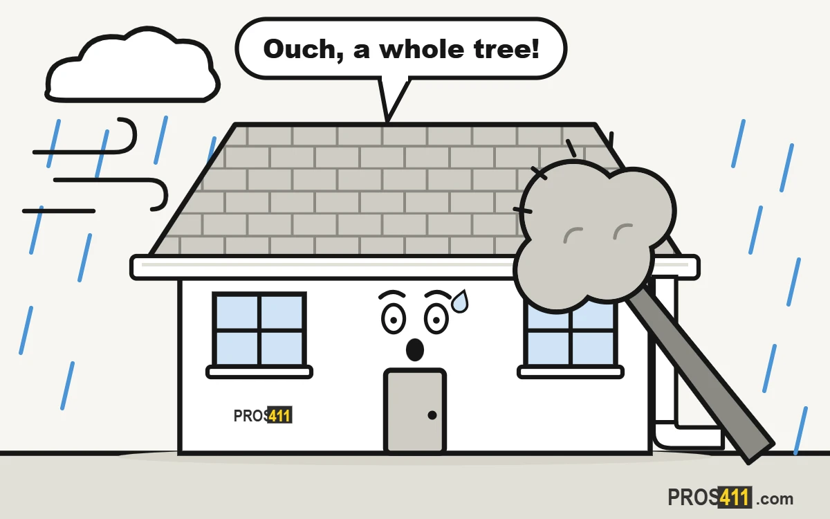 Cartoon house with a whole tree fallen on its roof in a storm