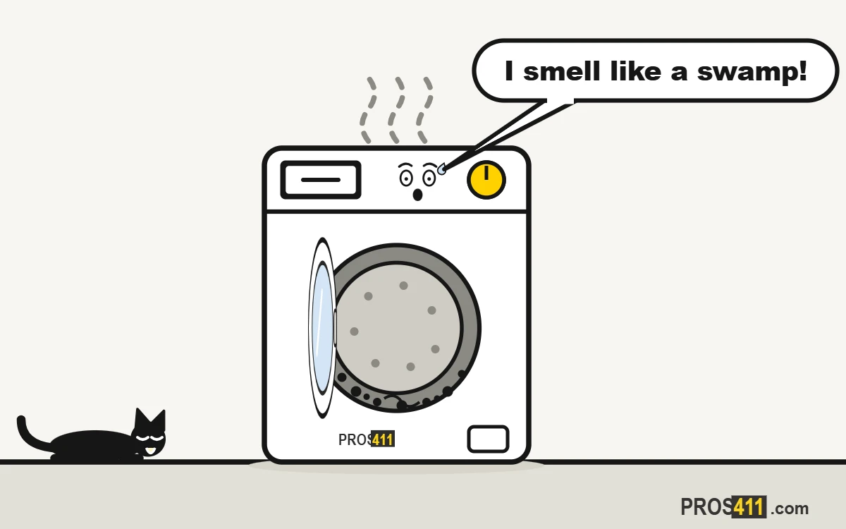 Washing machine smells: how to clean it Cartoon front-load washer holding its breath over a musty smell, with mildew on the door seal and the cat watching