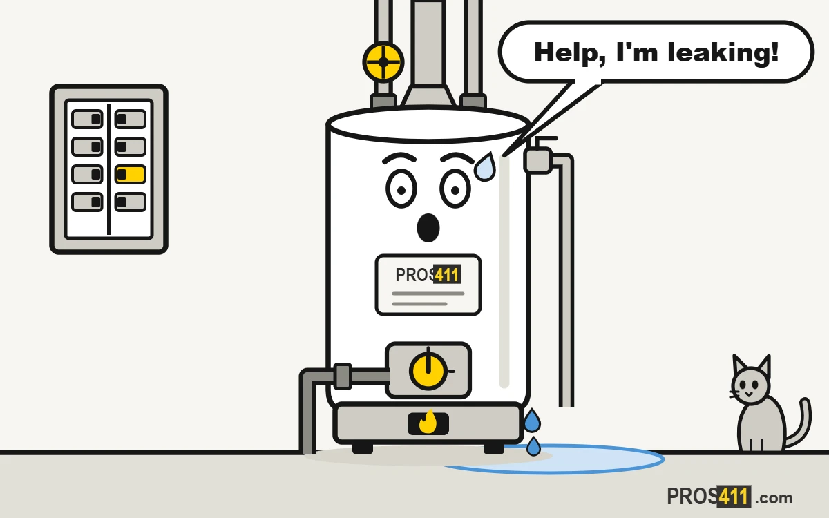 Cartoon water heater leaking a puddle at its base while a cat watches