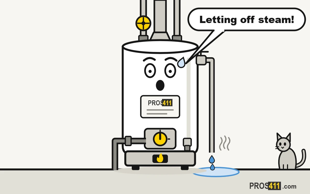Water heater relief valve leaking or dripping: what to do Cartoon water heater with its relief valve pipe dripping into a puddle while a cat watches