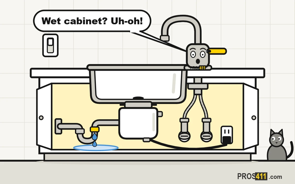 Water leaking under the sink: find the drip and stop it Cartoon kitchen sink cabinet with water dripping from the drain trap into a puddle