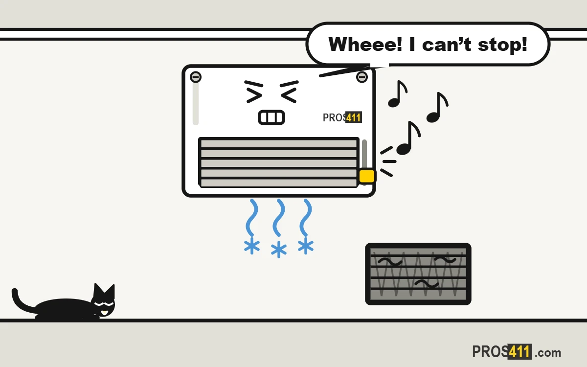 Vents whistling or ducts making noise: how to quiet them Cartoon wall air vent whistling with musical notes, its louvers almost closed, while the cat looks up