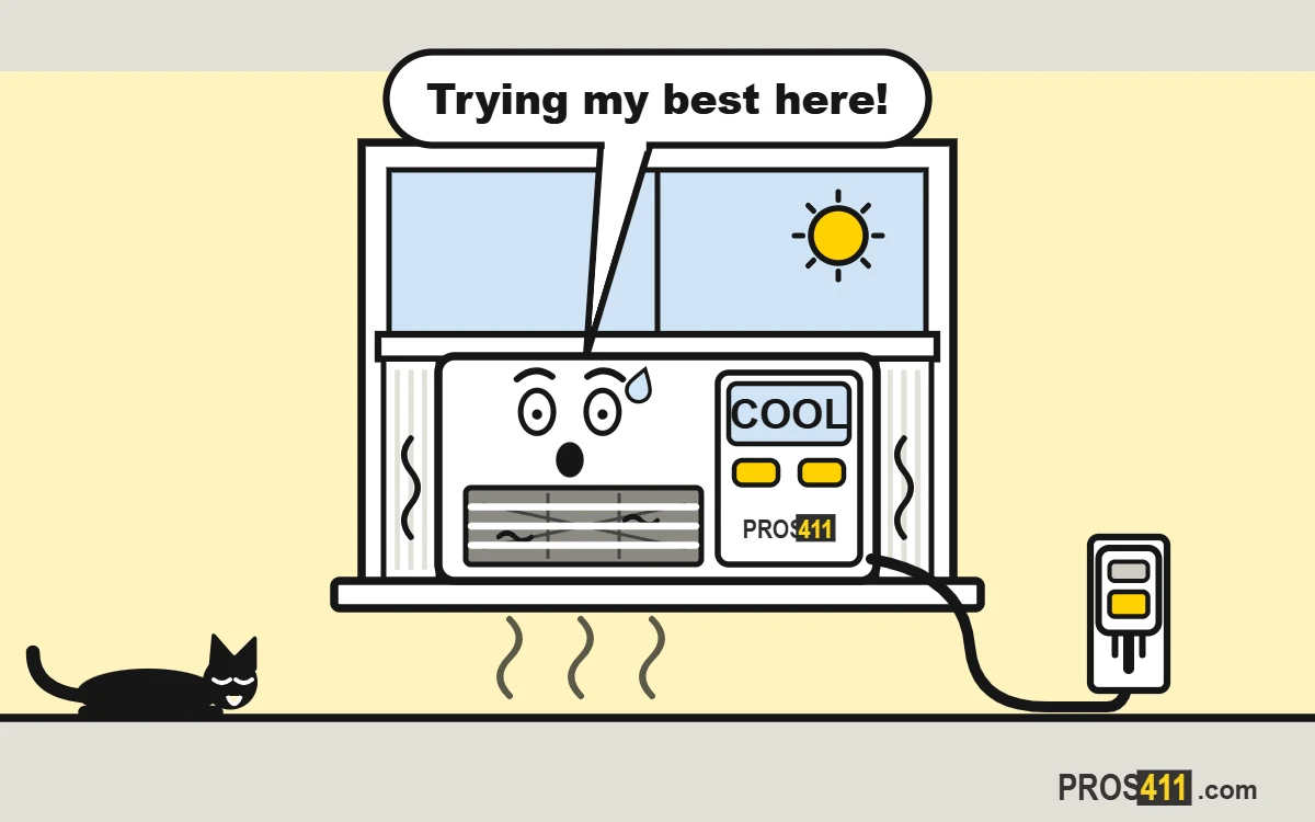 Window AC not cooling: what to check Cartoon window air conditioner sweating in a hot room, with the sun outside and the cat melted on the floor